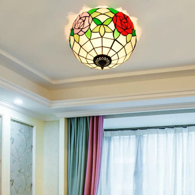 Tiffany 2-Light Stained Glass Floral Ceiling Fixture – Brass Flush Mount For Bedroom / B