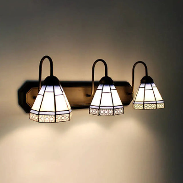 Tiffany 3-Head Cone Glass Wall Light Fixture In White & Black - Perfect Bedroom Sconce Lighting