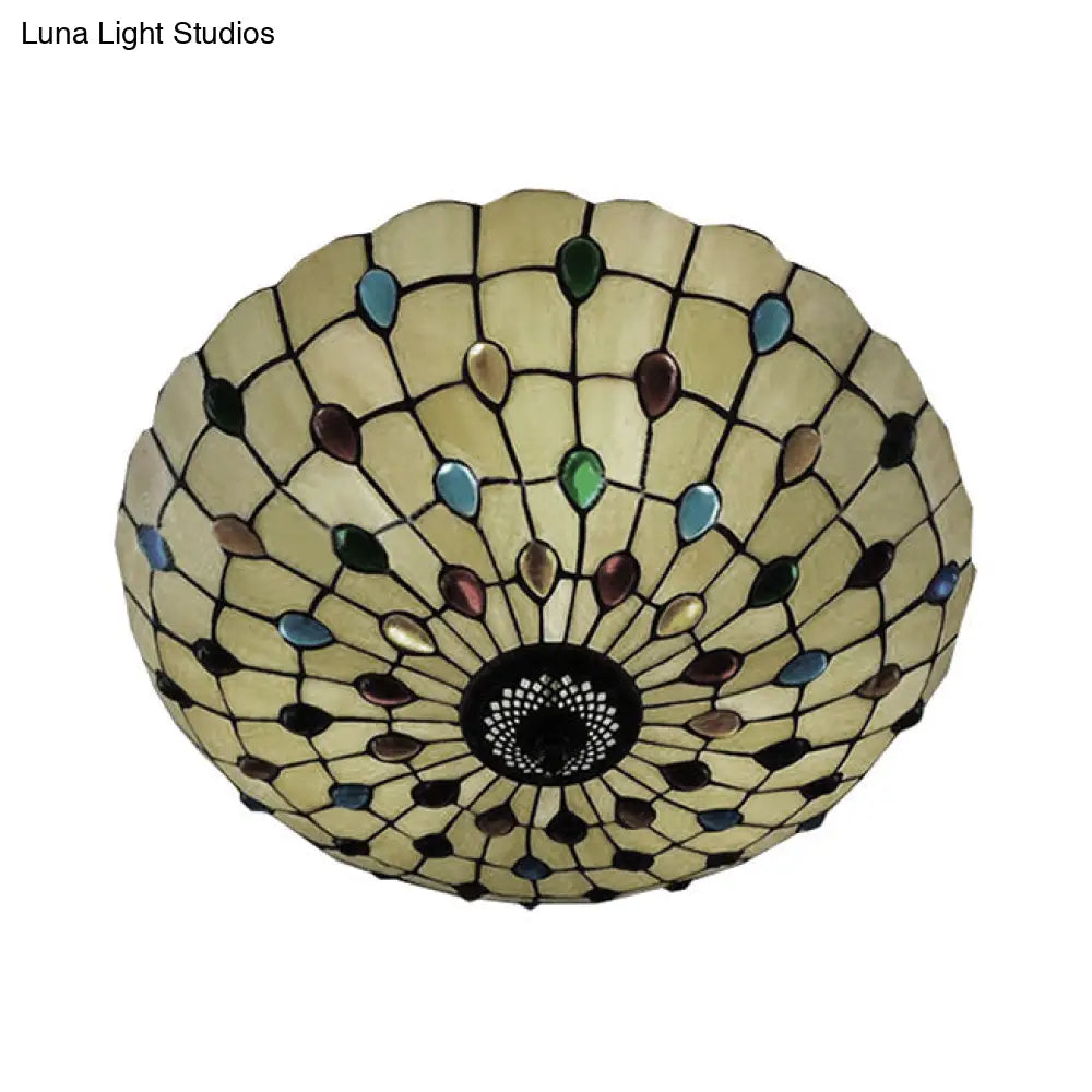 Tiffany 3-Light Beige Flush Mount Ceiling Light For Bedroom With Colorful Jewel And Floral Shade