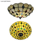 Tiffany 3-Light Beige Flush Mount Ceiling Light For Bedroom With Colorful Jewel And Floral Shade
