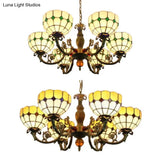 Tiffany Antique Glass Chandelier In Green/Yellow With 6 Bowl Shade Heads For Hotels