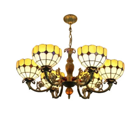 Tiffany Antique Glass Chandelier In Green/Yellow With 6 Bowl Shade Heads For Hotels Yellow