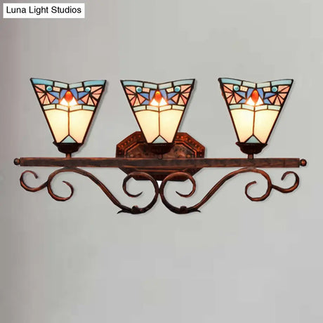 Tiffany Antique Wall Light In Black/Green/Blue Glass Pattern With 3 Bulbs Perfect For Living Room