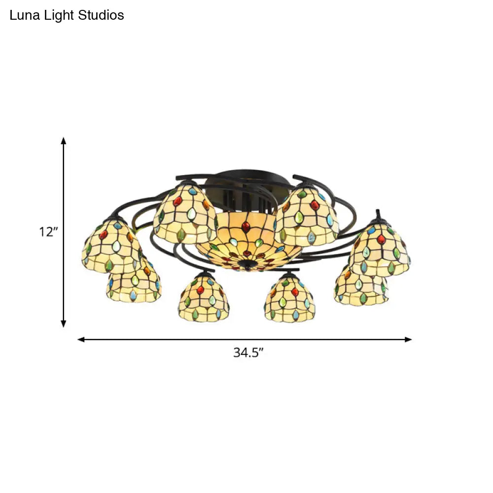 Tiffany Beaded Semi Flush Light - Beige Glass Ceiling Mounted Fixture For Bedroom (9/11 Lights)