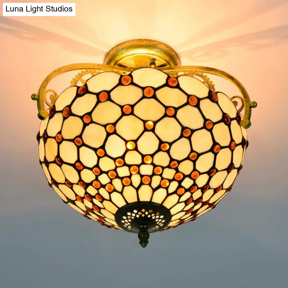 Tiffany Beaded Semi Flush Mount Ceiling Fixture - Cut Glass Beige 2 Lights Stylish