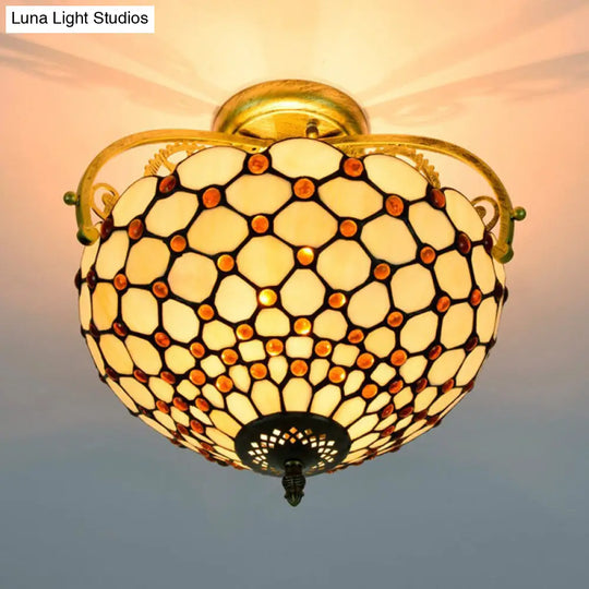 Tiffany Beaded Semi Flush Mount Ceiling Fixture - Cut Glass Beige 2 Lights Stylish