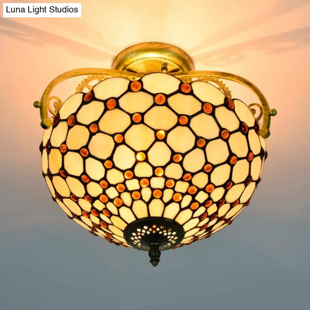 Tiffany Beaded Semi Flush Mount Ceiling Fixture - Cut Glass Beige 2 Lights Stylish