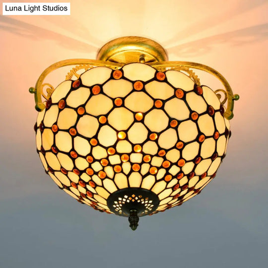 Tiffany Beaded Semi Flush Mount Ceiling Fixture - Cut Glass Beige 2 Lights Stylish