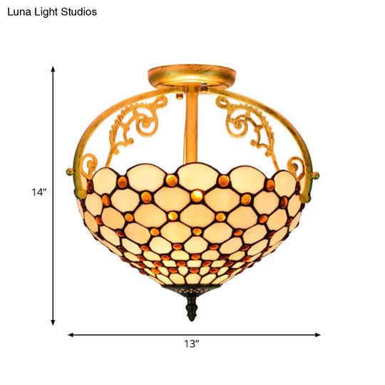 Tiffany Beaded Semi Flush Mount Ceiling Fixture - Cut Glass Beige 2 Lights Stylish