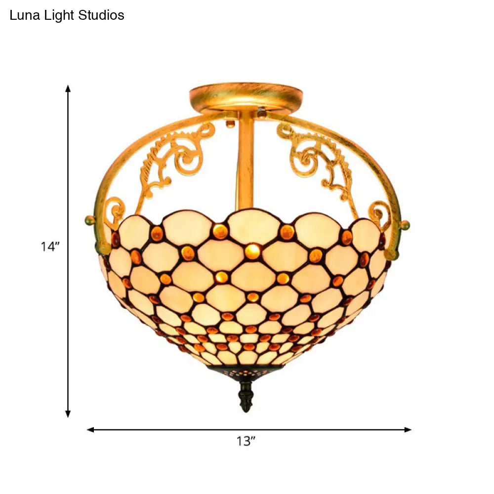 Tiffany Beaded Semi Flush Mount Ceiling Fixture - Cut Glass Beige 2 Lights Stylish