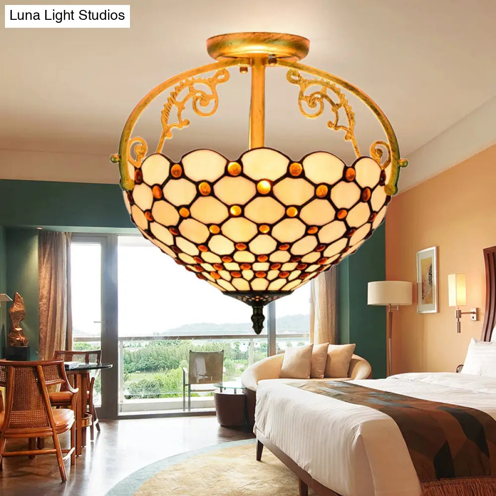 Tiffany Beaded Semi Flush Mount Ceiling Fixture - Cut Glass Beige 2 Lights Stylish