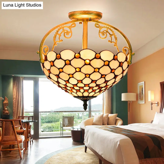 Tiffany Beaded Semi Flush Mount Ceiling Fixture - Cut Glass Beige 2 Lights Stylish