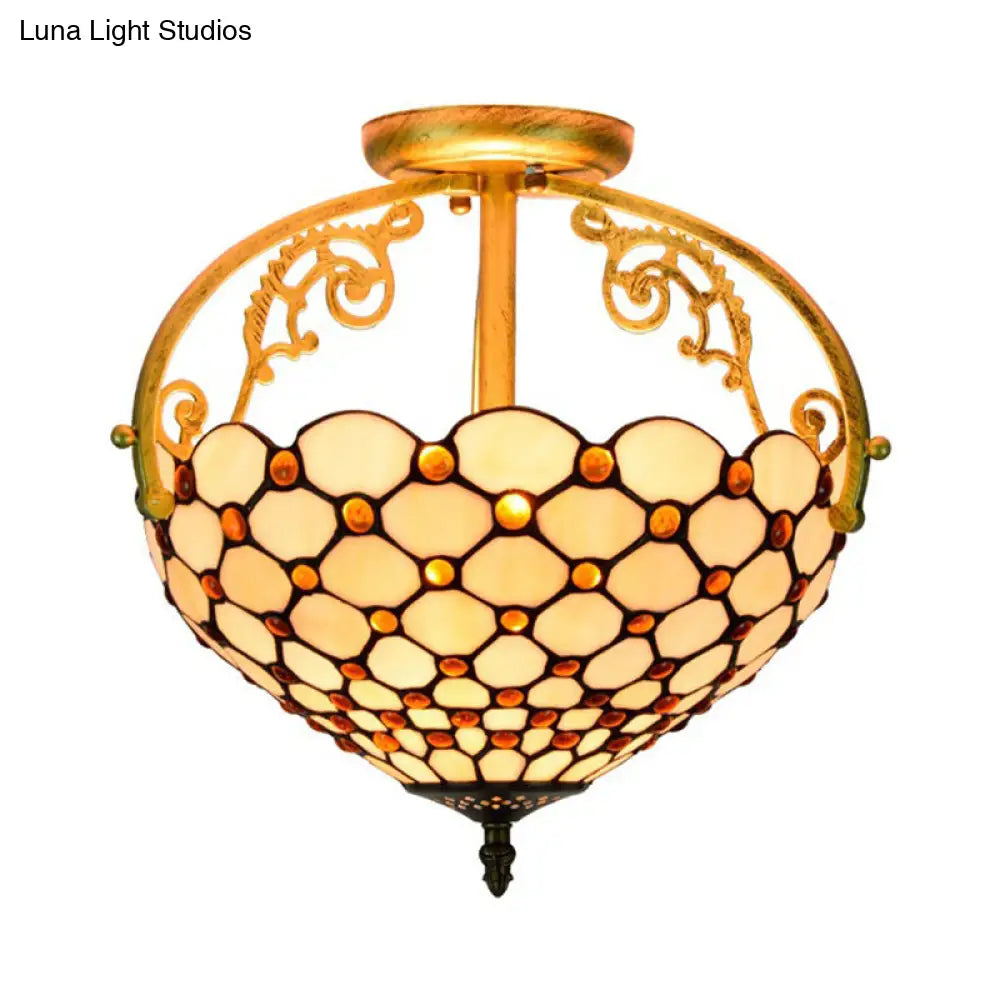 Tiffany Beaded Semi Flush Mount Ceiling Fixture - Cut Glass Beige 2 Lights Stylish
