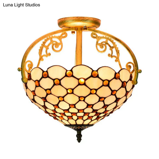 Tiffany Beaded Semi Flush Mount Ceiling Fixture - Cut Glass Beige 2 Lights Stylish