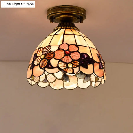 Tiffany Beige/Pink/Orange Shell Mini Flush Light Fixture - Natural Decorative Ceiling Lamp