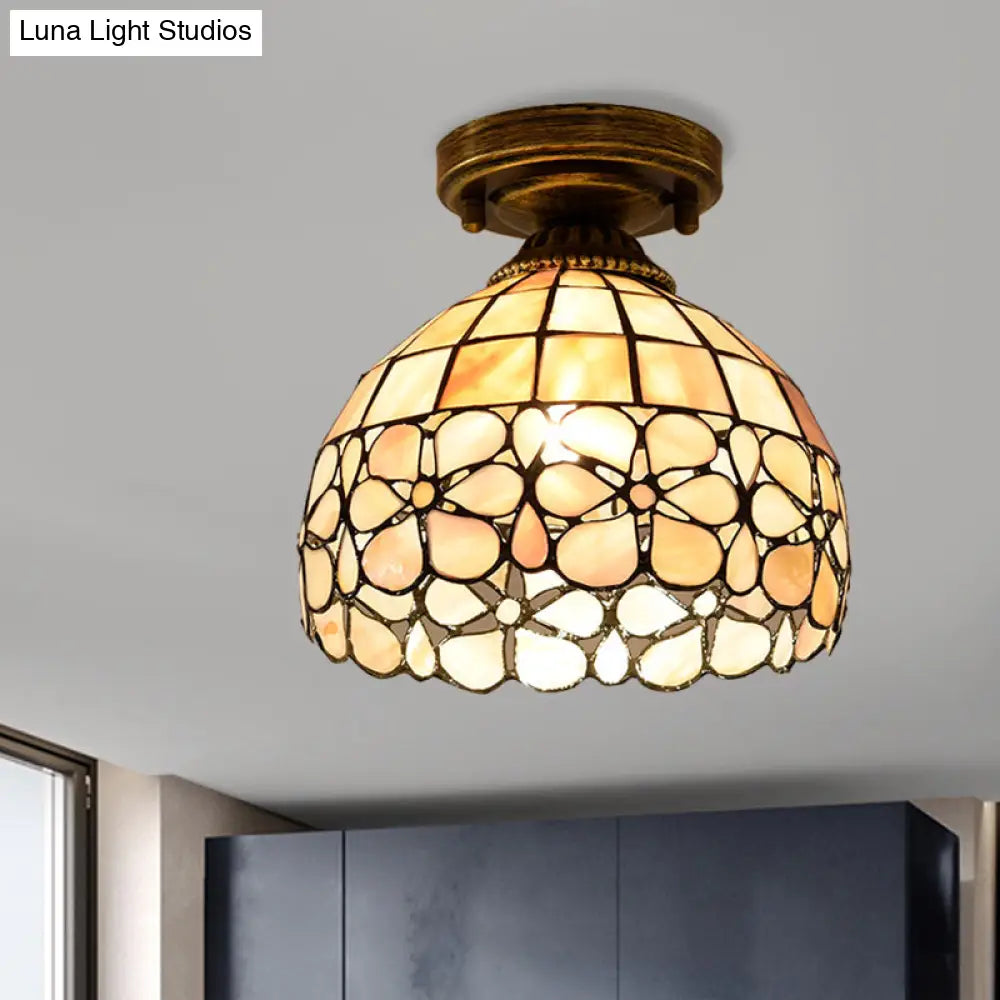 Tiffany Beige/Pink/Orange Shell Mini Flush Light Fixture - Natural Decorative Ceiling Lamp