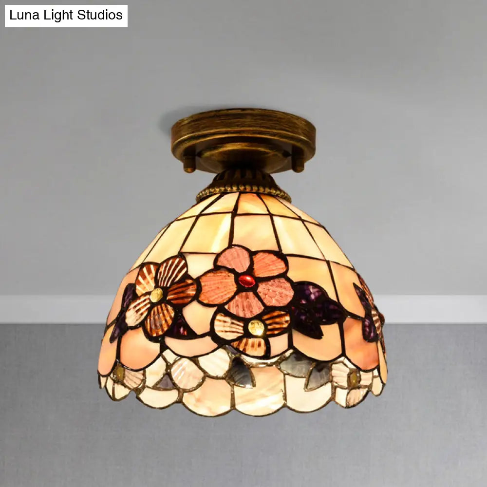 Tiffany Beige/Pink/Orange Shell Mini Flush Light Fixture - Natural Decorative Ceiling Lamp Orange