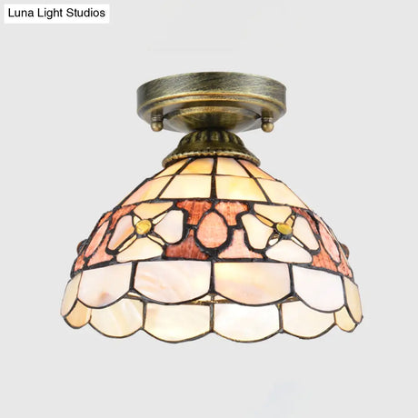 Tiffany Beige/Pink/Orange Shell Mini Flush Light Fixture - Natural Decorative Ceiling Lamp