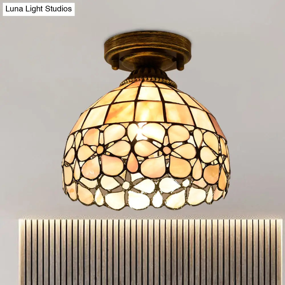 Tiffany Beige/Pink/Orange Shell Mini Flush Light Fixture - Natural Decorative Ceiling Lamp Beige