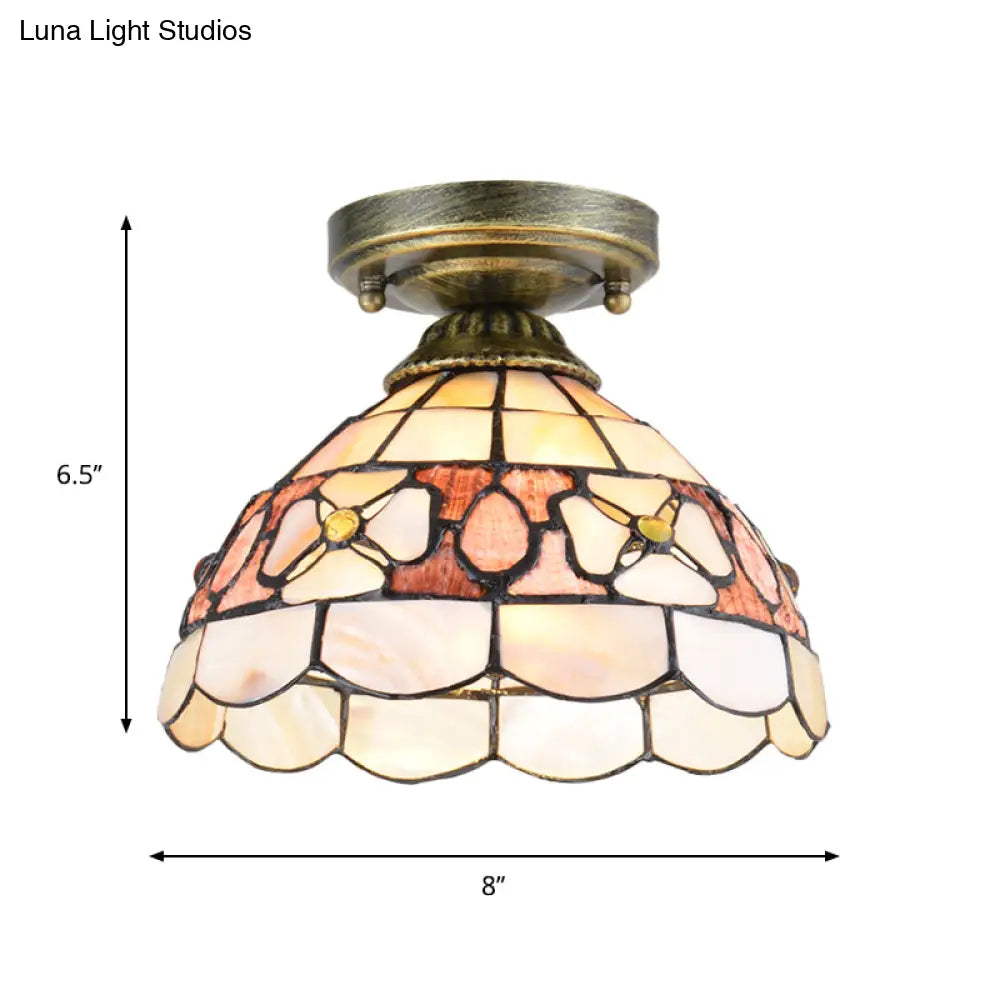 Tiffany Beige/Pink/Orange Shell Mini Flush Light Fixture - Natural Decorative Ceiling Lamp