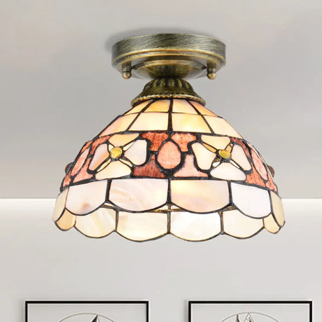 Tiffany Beige/Pink/Orange Shell Mini Flush Light Fixture - Natural Decorative Ceiling Lamp Pink