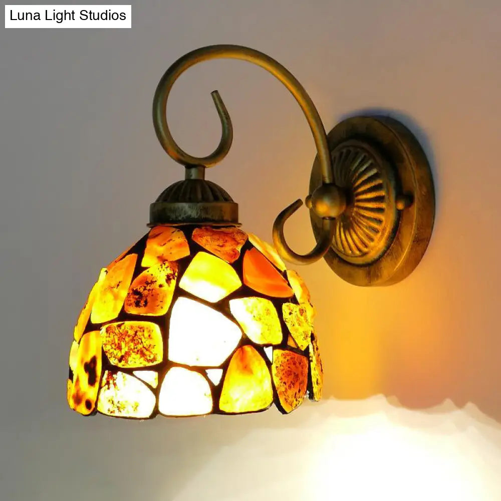 Tiffany Beige Sconce Light: 1-Light Bedroom Wall Mounted Lighting With Stone Bell/Dome Shade