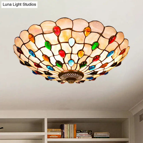 Tiffany Beige Shell Flush Mount Ceiling Light - 3/4 - Light Cabochons - Embellished Ideal For