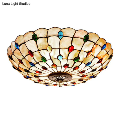 Tiffany Beige Shell Flush Mount Ceiling Light - 3/4 - Light Cabochons - Embellished Ideal For