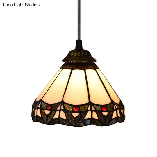 Tiffany Beige Stained Glass Pendant Light For Stairway: 1-Bulb Wide Flare Down Lighting