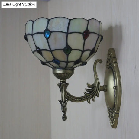 Tiffany Beige/Yellow Glass Wall Sconce Light With Bronze Finish - Flower/Bowl Design 1-Bulb