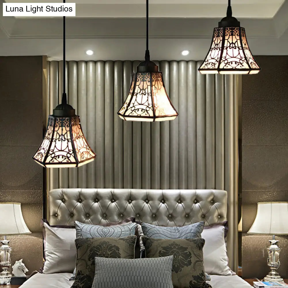 Tiffany Bell Pendant Light Fixture With 3 Stained Art Glass Shades - Black And White Down Lighting