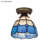 Tiffany Bell Shaped Semi Flush Light With Gridded Glass Ceiling Mount & Scalloped Trim