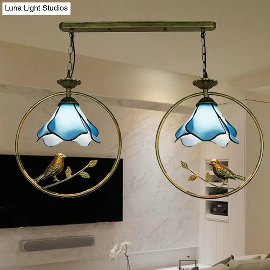 Tiffany Blossom Pendant Lamp With Little Bird Glass Hanging Light In Blue - Perfect For Kitchen