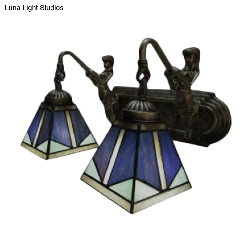Tiffany Blue Glass Pyramid Wall Light Antique Brass Sconce Fixture