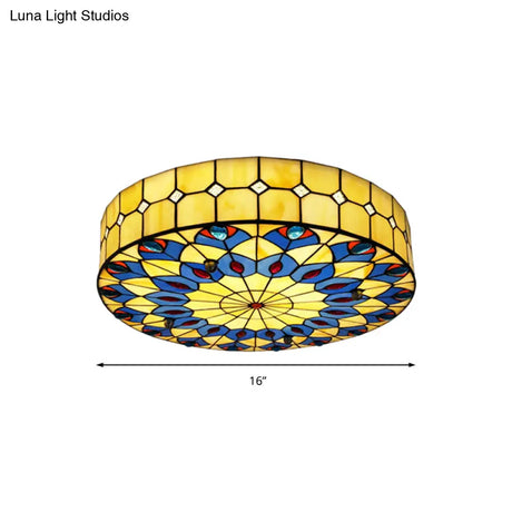 Tiffany Blue Peacock Design Flushmount Ceiling Light For Restaurants - 16’/18’ Round Shade