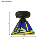 Tiffany Blue Vintage Ceiling Light: Compact Glass Flushmount For Hallways