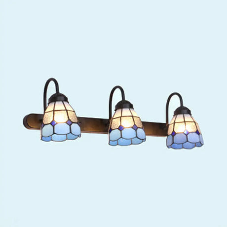 Tiffany Blue/Yellow Glass Grid Patterned Vanity Lighting - Antique Brass Wall Mount With 3 Heads