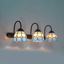 Tiffany Blue/Yellow Glass Wall Light Fixture With Grid Pattern 3 Heads And Curve Arm Blue