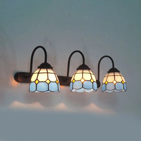 Tiffany Blue/Yellow Glass Wall Light Fixture With Grid Pattern 3 Heads And Curve Arm Blue