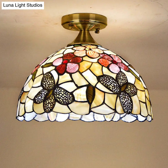 Tiffany Brass Flush Mount Kitchen Ceiling Light With Flower - Butterfly Shell Shade