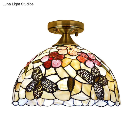 Tiffany Brass Flush Mount Kitchen Ceiling Light With Flower-Butterfly Shell Shade