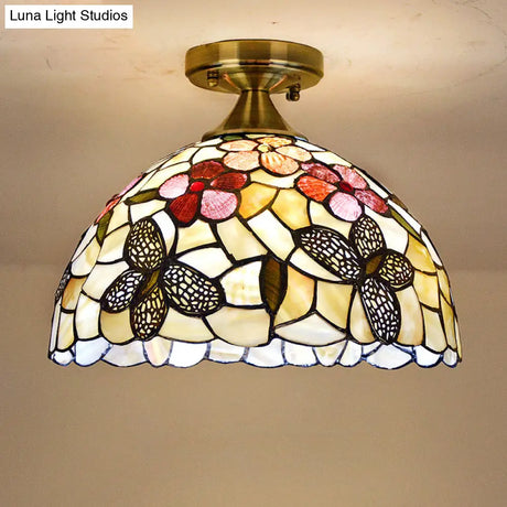 Tiffany Brass Flush Mount Kitchen Ceiling Light With Flower - Butterfly Shell Shade