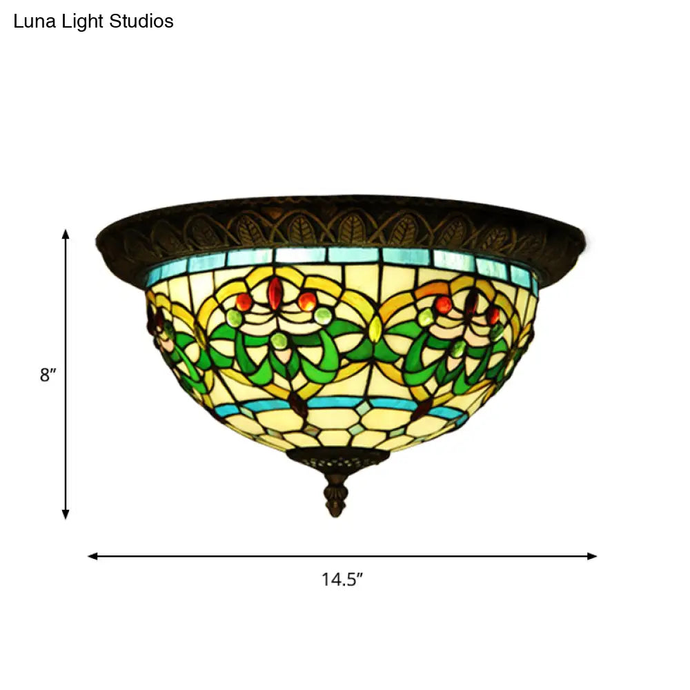 Tiffany Bronze Flush Mount 2-Bulb Corridor Ceiling Lamp With Stained Glass Shade