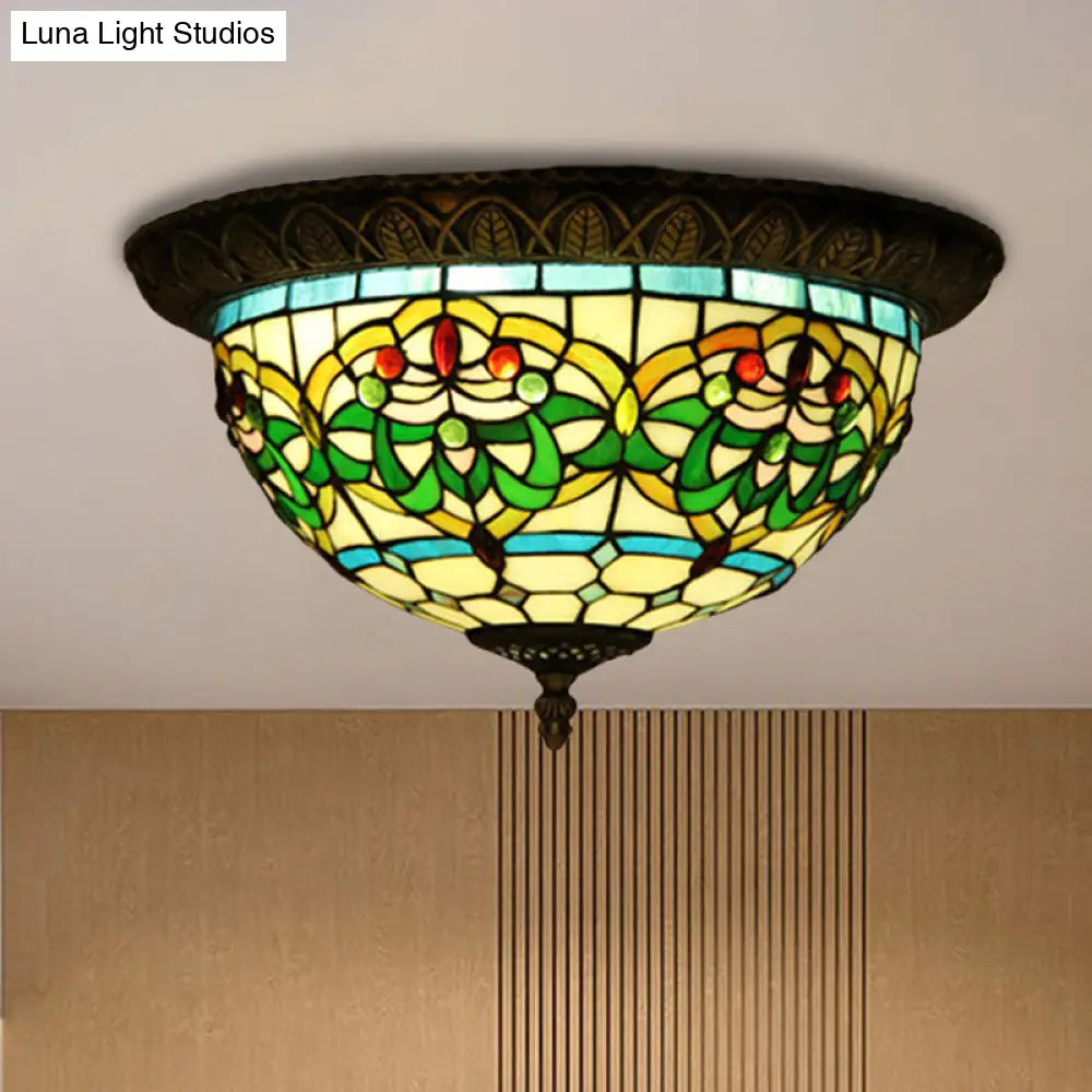 Tiffany Bronze Flush Mount 2-Bulb Corridor Ceiling Lamp With Stained Glass Shade
