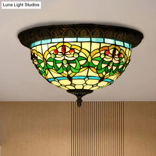 Tiffany Bronze Flush Mount 2-Bulb Corridor Ceiling Lamp With Stained Glass Shade