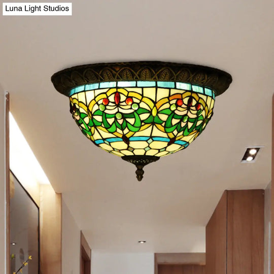 Tiffany Bronze Flush Mount 2-Bulb Corridor Ceiling Lamp With Stained Glass Shade