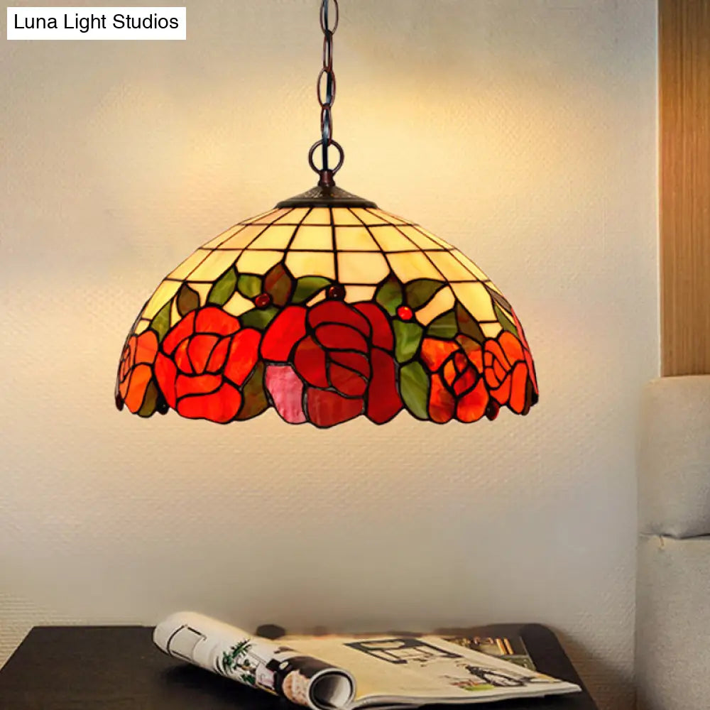 Tiffany Bronze Kitchen Chandelier With Red Cut Glass Shade - 2-Light Hanging Lamp Fixture