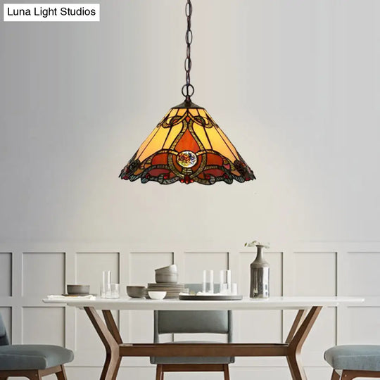 Bronze Tiffany Kitchen Pendant Lamp With Red Stained Glass Shade