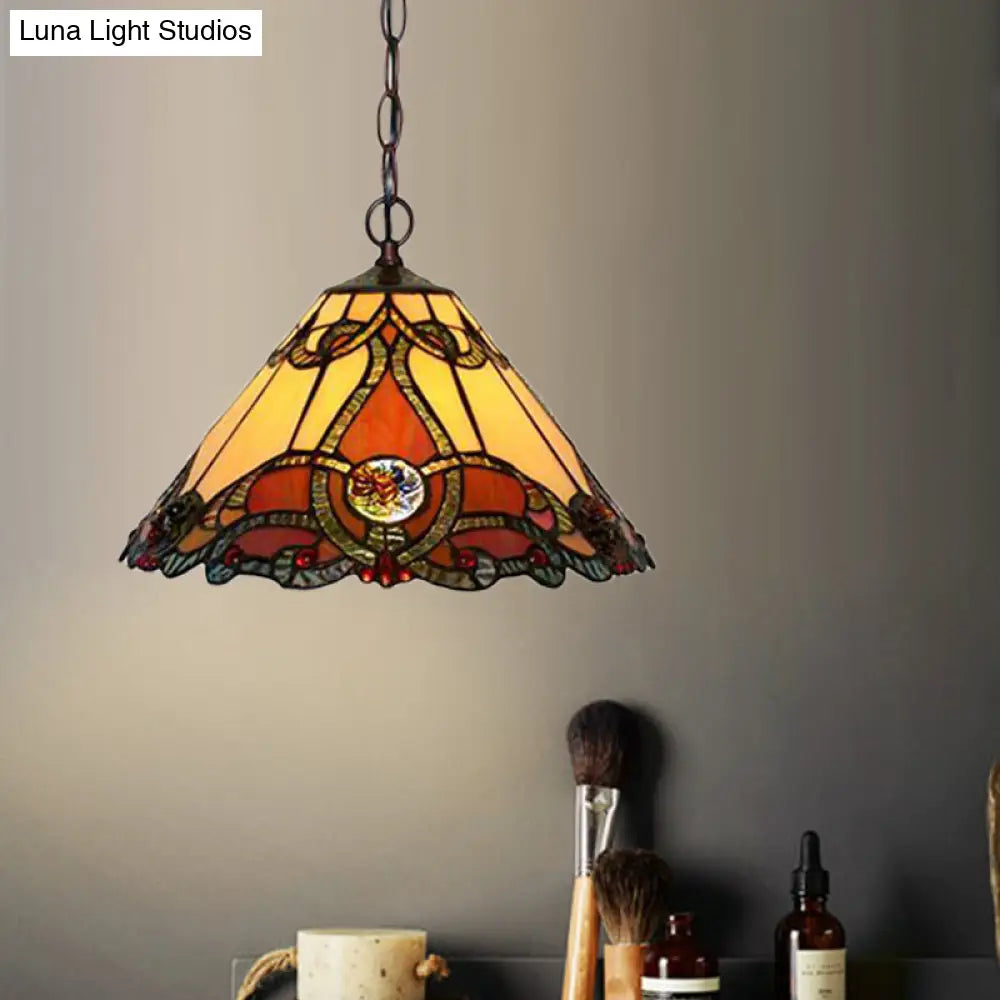 Bronze Tiffany Kitchen Pendant Lamp With Red Stained Glass Shade