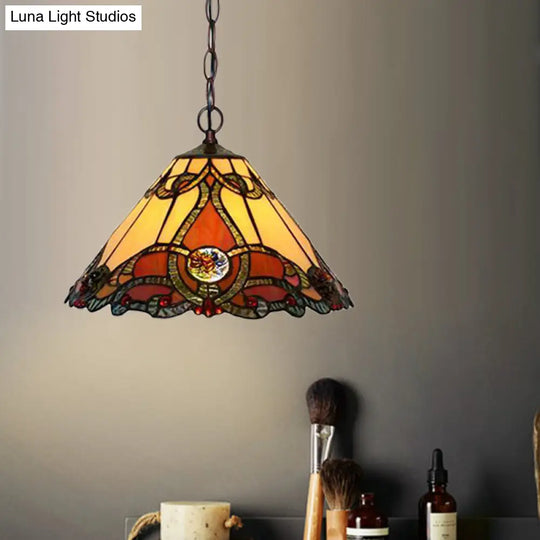 Bronze Tiffany Kitchen Pendant Lamp With Red Stained Glass Shade